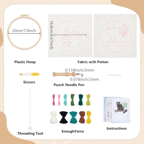 BEUNITONE 2PCS Cat Punch Needle Kit for Adults Beginners, Complete Craft Embroidery Needlepoint Kits with Hoop and Instructions, Punch Needle Starter Craft Set for Home Decor, Festival Gift 20x20cm - Image 2
