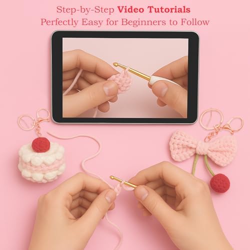 HOUSE CREATIVITY Crochet Keychain Kit for Beginners – Make 2 Cute Cake & Bow Charms, Amigurumi Crochet Starter Kit with Video Tutorial, Yarn & Keyring, DIY Bag Charm Gift - Image 3