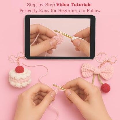 HOUSE CREATIVITY Crochet Keychain Kit for Beginners – Make 2 Cute Cake & Bow Charms, Amigurumi Crochet Starter Kit with Video Tutorial, Yarn & Keyring, DIY Bag Charm Gift - Image 3