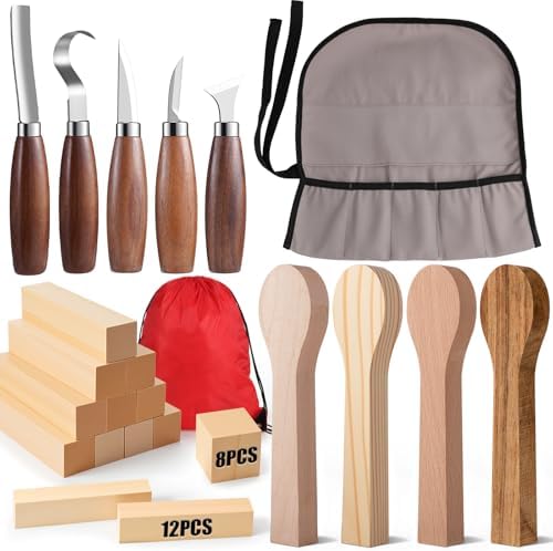 Therwen 27 Pcs Wood Carving Kit, 5 Pcs Wood Carving Tools with Storage Bag, Whittling Kit with 18Pcs Whittling Blocks and 4 pre Shaped Spoon Blanks and Drawstring Carry Bag for Crafts Beginners by Therwen