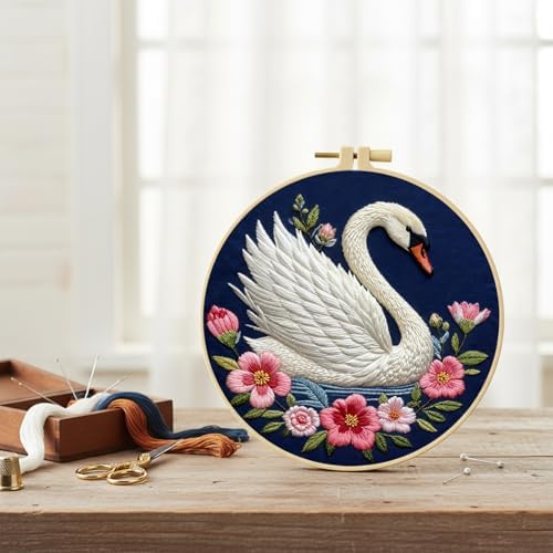 FRANDEK DIY Flower Swan Stamped Embroidery Kit with Hoop for Adults - Image 2