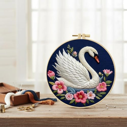 FRANDEK DIY Flower Swan Stamped Embroidery Kit with Hoop for Adults - Image 2
