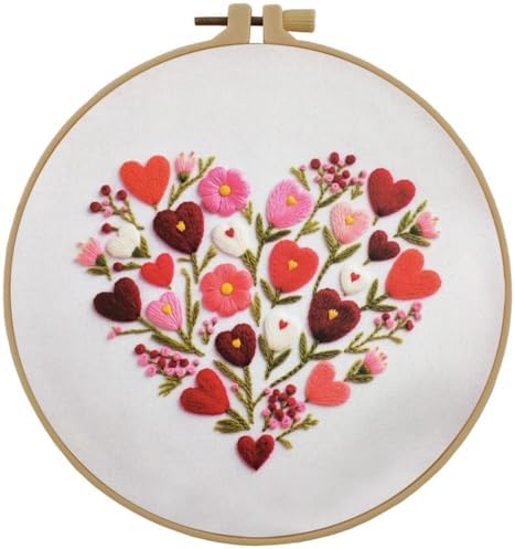 Esffaci Embroidery Starter Kit for Adult Beginner with Love Heart Flowers Pattern Hand Embroidery Set with Cloth Hoop Needle Threader Floss and Instruction by Esffaci