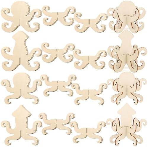 COCHIE DIY 3D Summer Ocean Wood Crafts to Paint for Kids Adults, Paintable Unfinished Wooden Slices for Craft, Octopus Squid Cutouts Ornaments for Painting Decorations 24 PCS Formed Into 8 Crafts by COCHIE