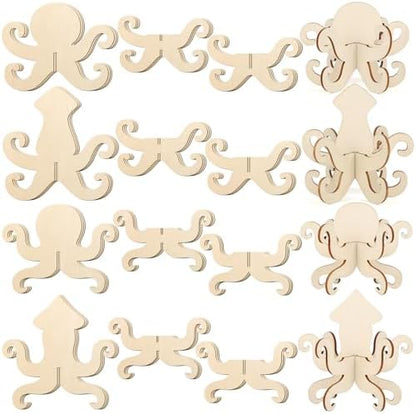 COCHIE DIY 3D Summer Ocean Wood Crafts to Paint for Kids Adults, Paintable Unfinished Wooden Slices for Craft, Octopus Squid Cutouts Ornaments for Painting Decorations 24 PCS Formed Into 8 Crafts by COCHIE