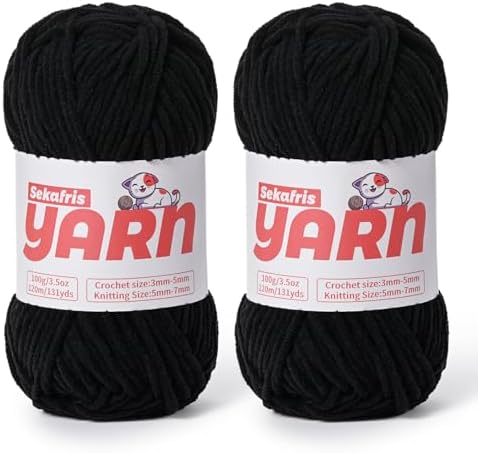 Plush Chunky Chenille Yarn for Crocheting, Soft Fluffy Velvet Yarn for Crocheting Amigurumi, Fuzzy Baby Blanket Knitting 200g/262yds Bulky(2 Black) by Sekafris