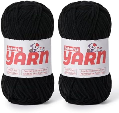 Plush Chunky Chenille Yarn for Crocheting, Soft Fluffy Velvet Yarn for Crocheting Amigurumi, Fuzzy Baby Blanket Knitting 200g/262yds Bulky(2 Black) by Sekafris