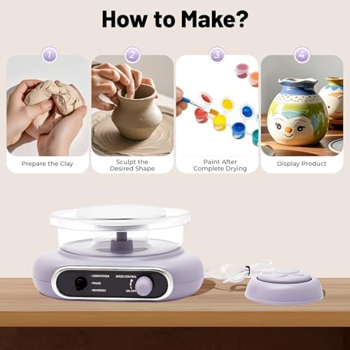 Mini Pottery Wheel Kit, 4.7 Inch Electric Clay Wheel with Foot Pedal and Adjustable Speed, Ceramic Making Machine with 8 Tools for Kids Beginners - Image 3
