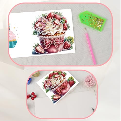 JISHSHAY 6 PCS Cupcake Diamond Painting Greeting Cards Cake Diamond Art Birthday Cards with Envelopes Gem Art Mosaic Kits for Adults, for Anniversary Valentine Thank You Graduation All-Occasion - Image 6