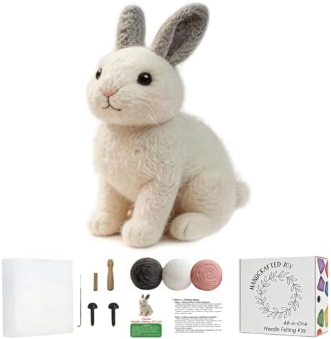 FACE N FACE DIY Needle Felting Kit Realistic White Rabbit Gray Ears – Needle Felting Starter Kit with Fiber Roving, Needles, Felting Pad & Instructions | Felted Rabbit Animal Kit for Beginners Adults by FaceNFace