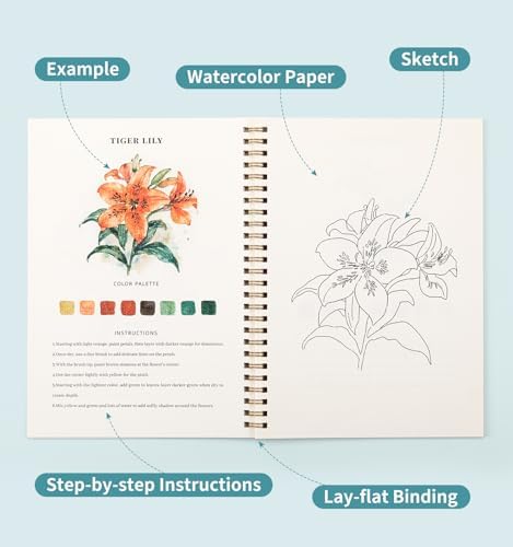 Watercolor Workbook, Water Coloring Book, 12 Different Patterns of Original DIY Designs, 50 Colors Watercolor Paint Set with Palette and Brush, Beginner-Friendly Watercolor Workbooks (Bouquets) - Image 4