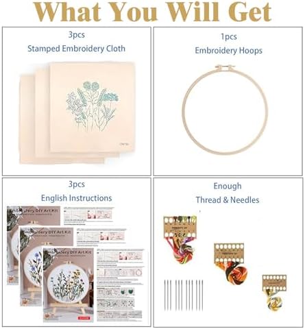 GLTAYLMY Flower Embroidery Kit for Beginners with Pattern and Instructions,3 Pack Cross Stitch Kits,1 Plastic Embroidery Hoops,Threads and Needles,Needlepoint Kit for Adults - Image 3