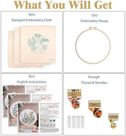 GLTAYLMY Flower Embroidery Kit for Beginners with Pattern and Instructions,3 Pack Cross Stitch Kits,1 Plastic Embroidery Hoops,Threads and Needles,Needlepoint Kit for Adults - Image 3