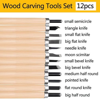Wood Carving Tools Set, 12-Pcs Wood Whittling Kit with Canvas Roll Bag, Wood Carving Knife Kit for Beginners, Kids & Adults, DIY Craft Gift Set - Image 2