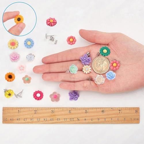 SUNNYCLUE 1 Box DIY 20 Pairs Mixed Resin Flower Flatback Cabochon Studs Earring Kit Resin Rose Daisy Charms with Stainless Steel Post for Jewelry Making Arts Craft Supplies - Image 3