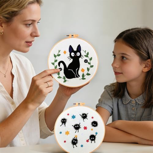 Cat Embroidery Starter Kit for Beginners Adults, Animal Stamped Cross Stitch Kit for Adult Beginner, Hand Embroidery Needlepoint Kits, 2 Set Embroidery Supply, 2 Hoops (Attached Video Tutorial) - Image 3