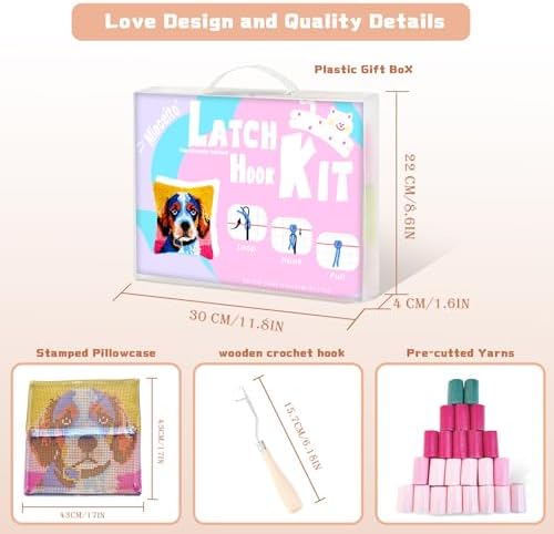Miaceito Pre-Printed Colorful Dog Latch Hook Pillow Kits for Adults Beginners, Cozy DIY Latch Hook Kits Includes Wooden Hook 17x17 Inch Home Decor Sofa Cushion - Image 3