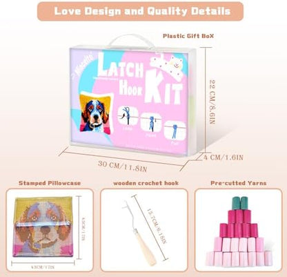 Miaceito Pre-Printed Colorful Dog Latch Hook Pillow Kits for Adults Beginners, Cozy DIY Latch Hook Kits Includes Wooden Hook 17x17 Inch Home Decor Sofa Cushion - Image 3