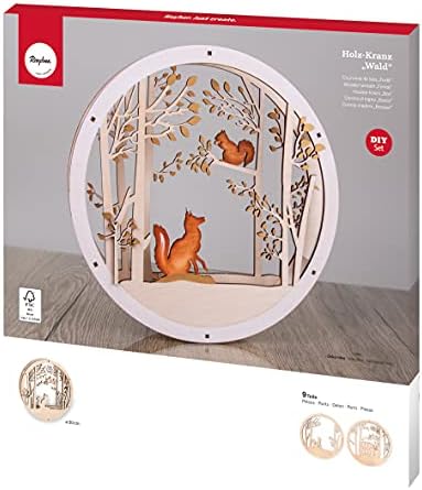 Rayher Wood Building Kit for 3D Wreath with Fox and Squirrel Design, Seasonal DIY Wood Craft Set with 9 slot-together Pieces, Diameter 30cm, natural wood, 63156505 by Rayher