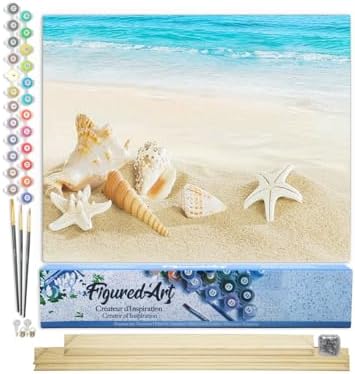 Figured'Art Paint by Numbers Kit for Adults Shells on The Seaside 16"x20" - Craft Art Painting Rolled Canvas with DIY Wooden Frame by FiguredArt