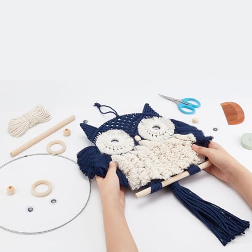 FREEBLOSS DIY Macrame Owl Kit with Video Tutorial Macrame Wall Hanging Ornament Boho Wall Hanging Decor Navy Blue&White Macrame Tapestry Gift Macrame Kit for Beginners - Image 5