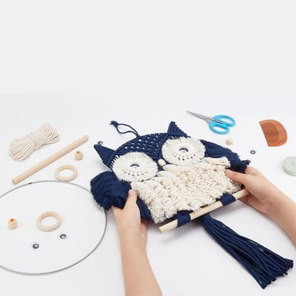 FREEBLOSS DIY Macrame Owl Kit with Video Tutorial Macrame Wall Hanging Ornament Boho Wall Hanging Decor Navy Blue&White Macrame Tapestry Gift Macrame Kit for Beginners - Image 5