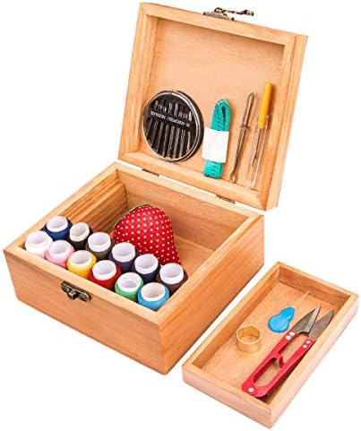 Sewing Kit, Wooden Sewing Kit Box for Adults, Wooden Sewing Basket with Accessories, Home Sewing Basket Stitching Repair Kit for Beginner, Women, Men (Brown) - Image 4