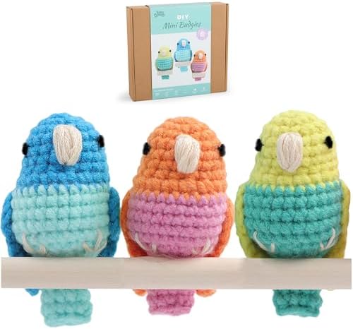 HOUSE CREATIVITY Crochet Kit for Beginners, Make 3 Mini Budgie Birds, Amigurumi Crochet Starter Kit with Step-by-Step Video Tutorial, Yarn, Hook, Eyes & Stuffing, DIY Craft Kit Gift for Adults by HouseCreativity