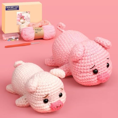Qyeahkj 2 Pack Pig Crochet Kit for Beginners with Easy Yarn and Step-by-Step Video Tutorials Adults DIY Crochets Animal Kits Art Crafts Knitting Ideal for Teacher Mothers Day Birthday Gifts by Qyeahkj