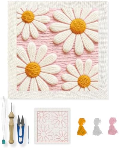 INFUNLY Daisy Punch Needle Kit for Beginners Simple Flowers Punch Needle Embroidery Kits for Adults DIY Punch-Stitching Kit with Instruction Threader Needles Square Frame for Wall Decor 9.4''x9.4'' by INFUNLY