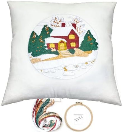 FONNUY Christmas Embroidery Kit for Beginners, Throw Pillow Case Cross Stitch Set Winter Snow House Holly Tree Pattern for Adults, Hand Works Crafts Throw Pillow Cover, 18 x 18'' (White) by FONNUY