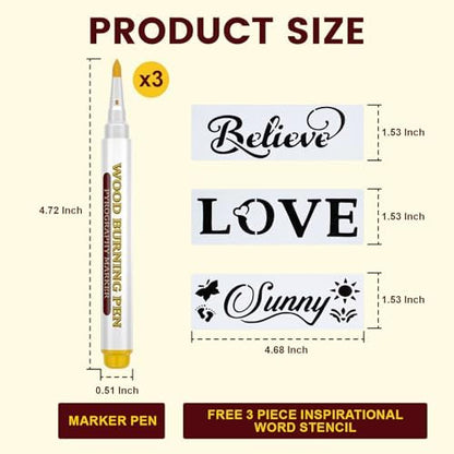 Wood Burning Marker Pen with 3 Inspirational Word Stencil- Pyrography Art Tool for Wood Crafting, PET Tips, DIY Woodburning Marker Kit for Beginners, Home Studio School Art Projects - Image 2