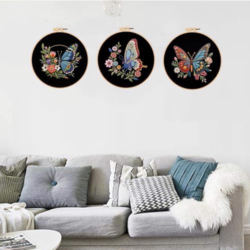 Konrisa Flower Butterfly Embroidery Kits for Adults, Stamped Embroidery Starter Kit with Hoop,DIY Sewing Needlepoint Cross Stitch Kit, Set of 3 - Image 6