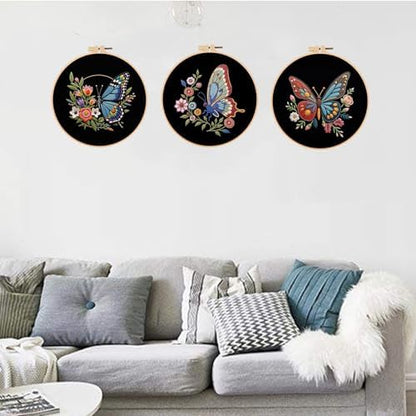 Konrisa Flower Butterfly Embroidery Kits for Adults, Stamped Embroidery Starter Kit with Hoop,DIY Sewing Needlepoint Cross Stitch Kit, Set of 3 - Image 6