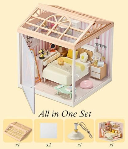 Cozy Bedroom DIY Miniature House Kit with Roof & LED Light, Stackable & Connectable Dollhouse Kit with Dustproof Door, Creative DIY Crafts Building Toy Gift for Adults Teens - Image 5