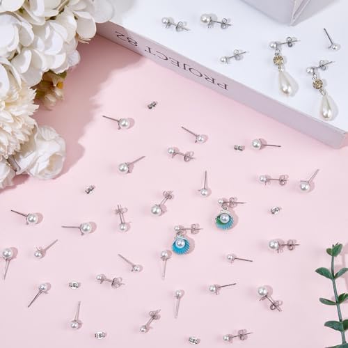 1 Box 120Pcs Silver Pearl Earring Posts Earring Findings Hypoallergenic Bulk Stainless Steel Ear Stud Finding with Loop Imitation Pearl Butterfly Back Ball Ear Post for Jewelry Making Crafts - Image 4