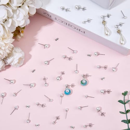 1 Box 120Pcs Silver Pearl Earring Posts Earring Findings Hypoallergenic Bulk Stainless Steel Ear Stud Finding with Loop Imitation Pearl Butterfly Back Ball Ear Post for Jewelry Making Crafts - Image 4