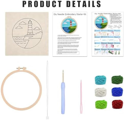 DIY Punch Needle Kit for Beginners, All-in-One Embroidery Starter Set for Adults & Teens with Pre-Stamped Fabric, Soft Yarn & Adjustable 7.87IN Hoop for Wall Art & Home Decor Craft (Light House) - Image 4