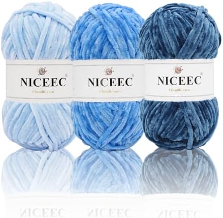 NICEEC 3 Skeins Soft Chenille Yarn 3 x85m (3X 93yds, 3X 50g)_Blue Series by NICEEC