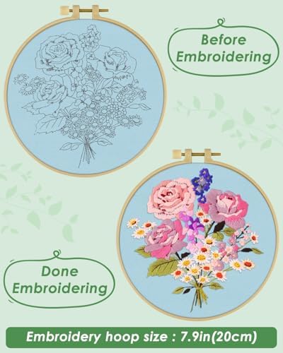 ERKOON Embroidery Kit for Beginners, Flower Cross Stitch Set for Include Embroidery Cloth Hoops Threads for Craft Lover Hand Stitch with Embroidery Skill Techniques (Bouquet) - Image 3