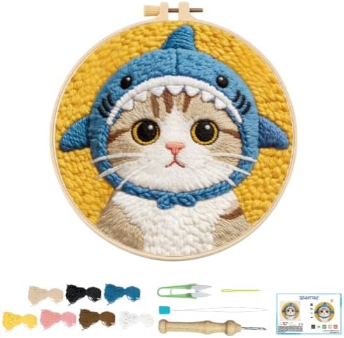 BEUNITONE Shark Cat Punch Needle Kit for Adults Beginners, Complete DIY Craft Needlepoint Kits with Hoop, Punch Needle Starter Craft Embroidery Set for Handmade Decor & Stitching Projects 7.9X7.9" by BEUNITONE