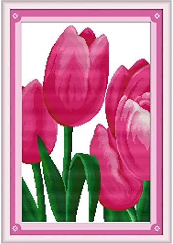 ITSTITCH Stamped Cross Stitch Kits for Beginners,Full Set of Crossstitching Preprinted Pattern, Embroidery Needlepoint Starter Kits 14CT 2 Strands-Pink Tulip, 13x18.9 inch by ITSTITCH
