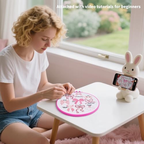 Pink Bowknot Embroidery Kits for Beginners Adults, Cute Hand Embroidery Starter Kits, Counted Cross Stitch Kits for Beginners DIY Craft Kits for Adults Women, Embroidery Hoops, Thread & Video Tutorial - Image 4
