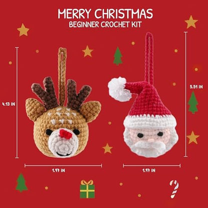 HOUSE CREATIVITY Christmas Crochet Kit for Beginners – Make Santa Claus & Reindeer Ornaments, Amigurumi Crochet Starter Kit with Video Tutorial, Yarn & Hook, DIY Holiday Tree Decor Gift - Image 2