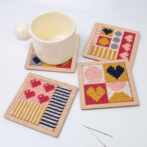Yushen 4Pcs Heart Coaster Needlepoint Kit for Adult Cross Stitch Kits DIY Adults Needlepoint Embroidery Set No Patterns Stamped Embroidery Needles Threads Crafts (Love) - Image 2