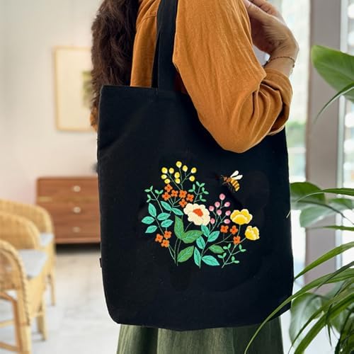 VWV-Whizzing Embroidery Canvas Tote Bag DIY Kit for Beginners, Complete with Pattern, Hoops, Color Threads, Tools & Detailed Instructions for Adults (13X15(in) Black-Bee) - Image 4