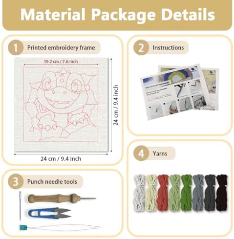 DOODLREAM Cute Dinosaur Needle Kit for Beginner, 9.4"x 9.4" Cartoon T-Rex Punch Stitching Craft Set, DIY Embroidery Starter with Printed Frame, Instruction, Threader, Yarn, Pinch Needle - Image 2