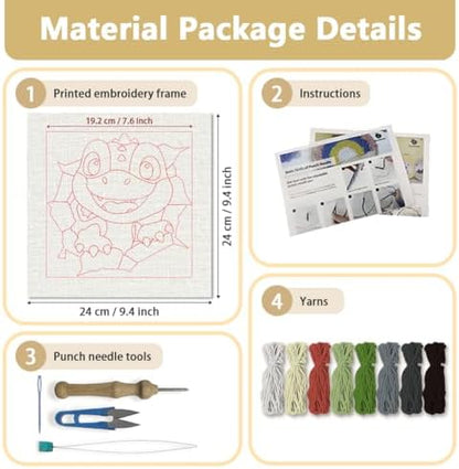DOODLREAM Cute Dinosaur Needle Kit for Beginner, 9.4"x 9.4" Cartoon T-Rex Punch Stitching Craft Set, DIY Embroidery Starter with Printed Frame, Instruction, Threader, Yarn, Pinch Needle - Image 2