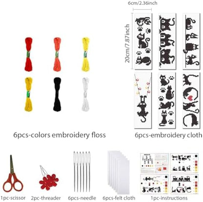 FREEBLOSS 6 Set Cross Stitch Bookmark Kits 11CT 8"x2.4" Black Cat Theme - Image 2