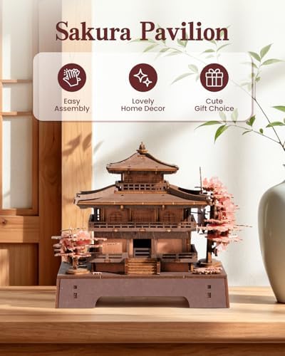 Rowood 3D Puzzles for Adults,DIY Miniature House Kit Japanese Architecture Cherry Blossom Craft Kits,Wooden Model Kit Buiding Set,Home Decor,Chirstmas Birthday Gift-Sakura Pavilion - Image 6
